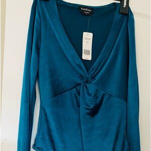 BEBE Turquoise satin long sleeve plunge bodysuit